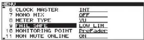 MENU 6 CLOCK MASTER INT_ 7 MONO MIX OFF_ 8 METER TYPE YU_ 9 FAIL SAFE LOW LIM 10 MONITORING POINT PreFader_ 11 MON MUTE ONLINE ON_