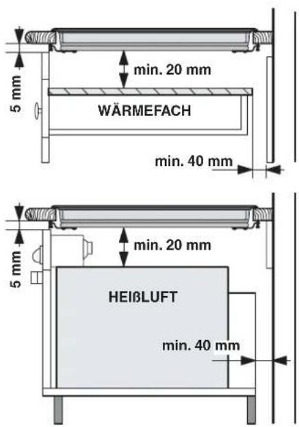 5 mm min. 20 mm WÄRMEFACH min. 40 mm 5 mm min. 20 mm HEIßLUFT min. 40 mm