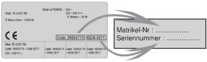Made in FRANCE - 232 - Mod. FE G021 RB 220 - 240 V~ P. Maxi (Dven) - 2950 W P. Motors = 30 W CE Code: 39354774 0306 0511 Matrikel-Nr : ...... Seriennummer : ......