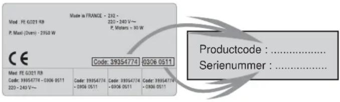 Made in FRANCE - 232 - Mod. FE G021 RB 220 - 240 V~ P. Maxi (Dven) - 2950 W P. Motors = 30 W CE Code: 39354774 0306 0511 Productcode : ...... Serienummer : ......