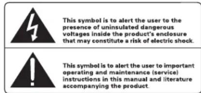 This symbol is to alert the user to the presence of uninsulated dangerous voltages inside the product's enclosure that may constitute a risk of electric shock. This symbol is to alert the user to important operating and maintenance (service) instructions in this manual and literature accompanying the product.