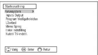Startupsachring Fairwaysystem Inputs Output Program Vodligeholdelse Löselast Menu Spring Enkel Indstilling Valstil TV-indstil. Valg Enter Retur