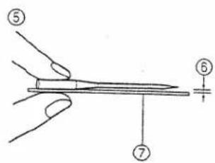 Diagram showing a hand holding a tool with labeled parts ⑤, ⑦, and ⑥, likely illustrating a precision or mechanical procedure.