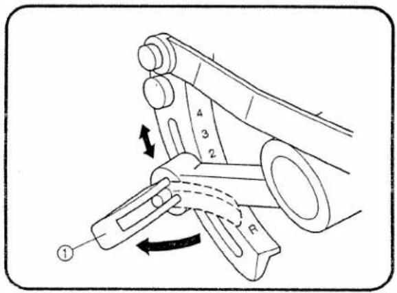 Technical diagram of a mechanical device with numbered components and directional arrows indicating motion or force