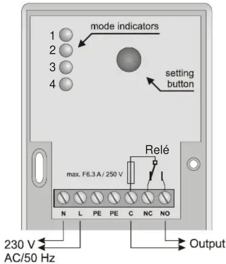 mode indicators 1 2 3 4 setting button Relé max. F6.3 A / 250 V N L PE PE C NC NO 230 V AC/50 Hz Output