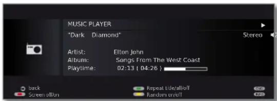 MUSIC PLAYER "Dark Diamond" Stereo Artist: Elton John Album: Songs From The West Coast Playtime: 02:13 (04:26) back Screen offset Repeat Detail/Off Random Event