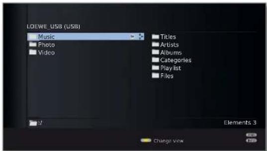 LOEWE USB (USB) Music Photo Video Titles Artists Albums Categories Playlist Files Elements 3 Change view