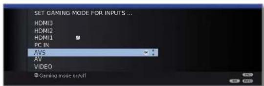 SET GAMING MODE FOR INPUTS ... HDMI3 HDMI2 HDMI1 PC IN AVS AV VIDEO ● Gaming mode on/off