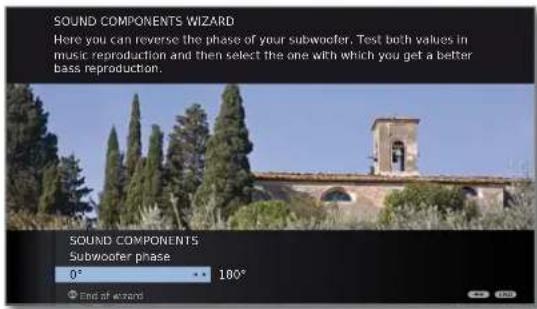 SOUND COMPONENTS WIZARD Here you can reverse the phase of your subwoofer. Test both values in music reproduction and then select the one with which you get a better bass reproduction. SOUND COMPONENTS Subwoofer phase 0° 180° End of sweep