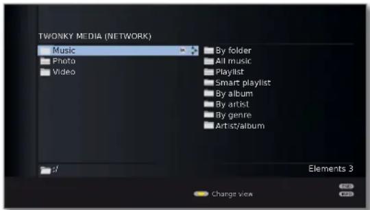 TWONKY MEDIA (NETWORK) Music Photo Video By folder All music Playlist Smart playlist By album By artist By genre Artist/album Elements 3 Charge view