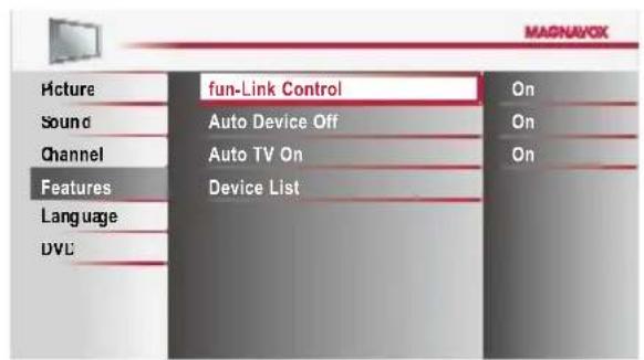 MAGNAVOX Picture fun-Link Control On Sound Auto Device Off On Channel Auto TV On On Features Device List Language DVL