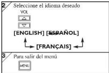 2 Seleccione el idioma deseado VOL [ENGLISH] [ESPAÑOL] [FRANÇAIS] 3 Para salir del menú MENU