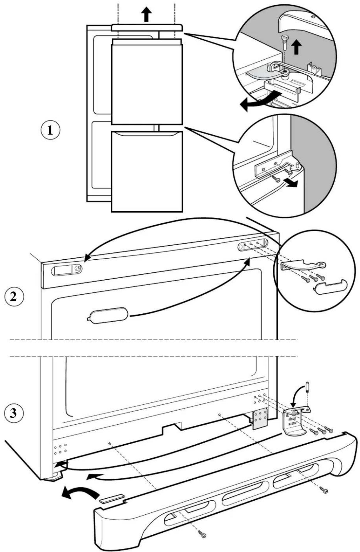 Technical diagram illustrating three-step assembly of a refrigerator with labeled components and directional arrows indicating motion.