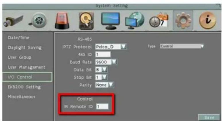System Setting Date/Time Daylight Saving User Group User Management I/O Control EkB200 Setting Miscellaneous RS-485 PTZ Protocol Pelco_D 485 ID 1 Baud Rate 9600 Data Bit 8 Stop Bit 1 Parity None Control IR Remote ID 1 Type Control Save
