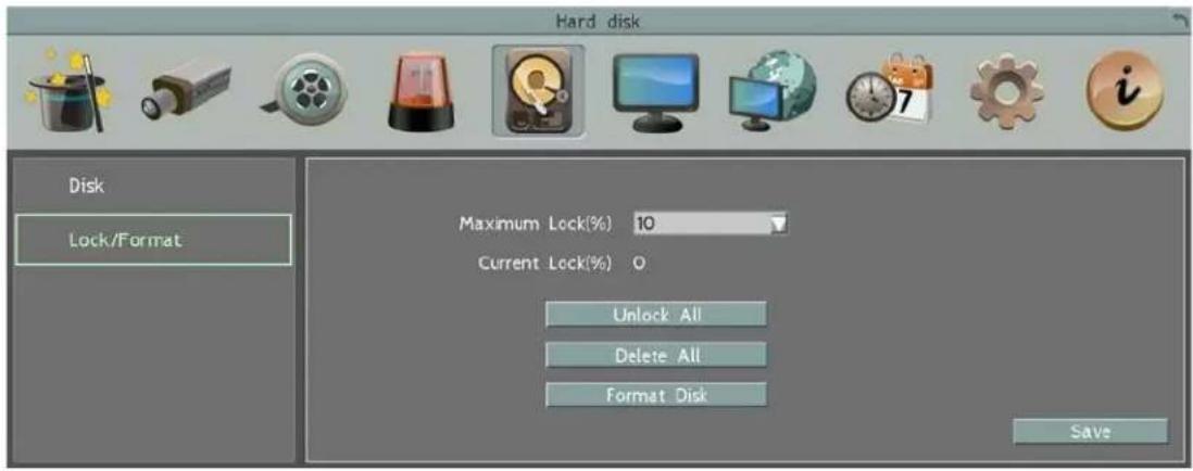 Hard disk Disk Lock/Format Maximum Lock(%) 10 Current Lock(%) 0 Unlock All Delete All Format Disk Save