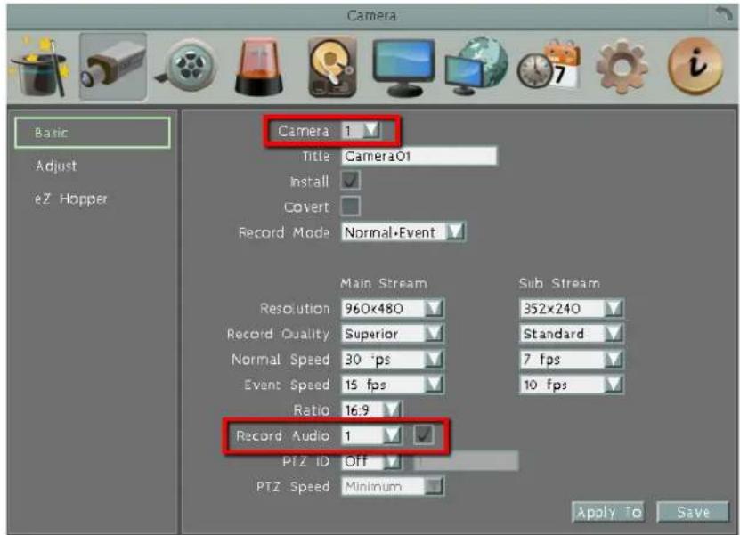 Camera Basic Adjust eZ Hopper Camera 1 Title Camera01 Install Covert Record Mode Normal-Event Main Stream Sub Stream Resolution 960x480 352x240 Record Quality Superior Standard Normal Speed 30 fps 7 fps Event Speed 15 fps 10 fps Ratio 16.9 Record Audio 1 PTZ ID Off PTZ Speed Minimum Apply To Save