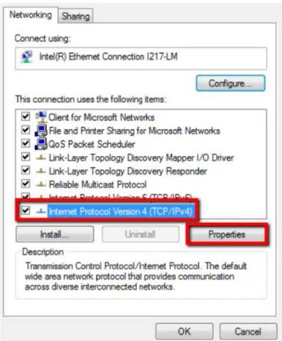 Networking Sharing Connect using: Intel(R) Ethernet Connection I217-LM Configure... This connection uses the following items: Client for Microsoft Networks File and Printer Sharing for Microsoft Networks QoS Packet Scheduler Link-Layer Topology Discovery Mapper I/O Driver Link-Layer Topology Discovery Responder Reliable Multicast Protocol Internet Protocol Version 6 (TCP/IPv6) Internet Protocol Version 4 (TCP/IPv4) Install... Uninstall Properties Description Transmission Control Protocol/Internet Protocol. The default wide area network protocol that provides communication across diverse interconnected networks. OK Cancel