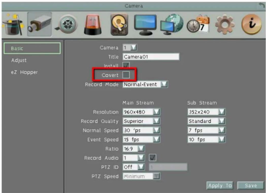 Camera Basic Adjust eZ Hopper Camera 1 Title Camera01 Install Covert Record Mode Normal·Event Resolution 960x480 Record Quality Superior Normal Speed 30 fps Event Speed 15 fps Ratio 16:9 Record Audio 1 PTZ ID Off PTZ Speed Minimum Sub Stream 352x240 Standard 7 fps 10 fps Apply To Save