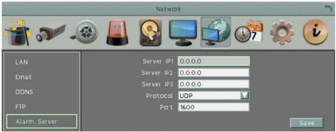 Network LAN Email DDNS FTP Alarm Server Server IP1 0.0.0.0 Server IP2 0.0.0.0 Server IP3 0.0.0.0 Protocol UDP Port 1600 Save