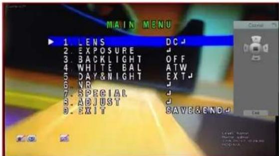 MAIN MENU 1. LENS DC 2. EXPOSURE OFF 3. BACKLIGHT ATW 4. WHITE BAL EXT 5. DAY & NIGHT 6. NR 7. SPECIAL 8. ADJUST 9. EXIT SAVE & END