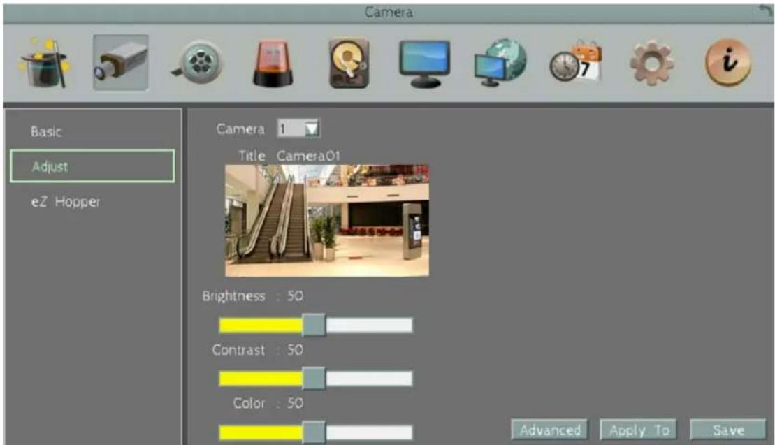 Camera Basic Adjust eZ Hopper Camera 1 Title Camera01 Brightness : 50 Contrast : 50 Color : 50 Advanced Apply To Save