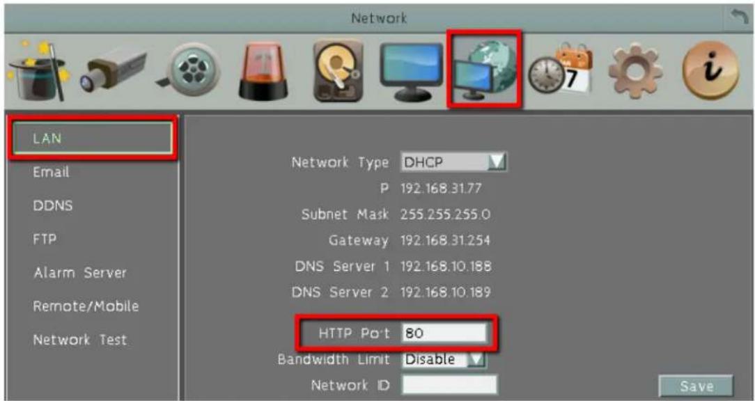 Network LAN Email DDNS FTP Alarm Server Remote/Mobile Network Test Network Type DHCP P 192.168.31.77 Subnet Mask 255.255.255.0 Gateway 192.168.31.254 DNS Server 1 192.168.10.188 DNS Server 2 192.168.10.189 HTTP Port 80 Bandwidth Limit Disable Network ID Save