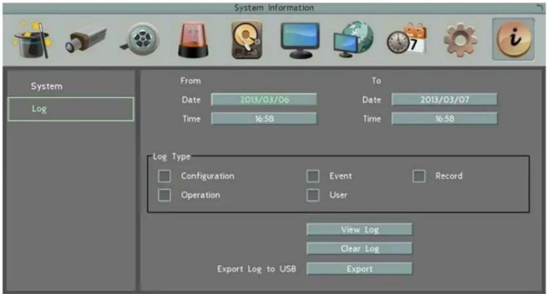 System Information System Log From Date 2013/03/06 Time 16:58 To Date 2013/03/07 Time 16:58 Log Type Configuration Event Record Operation User View Log Clear Log Export Log to USB Export