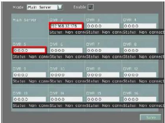 Mode Main Server Enable Main Server DVR 2 192.168 32.178 DVR 3 0.0.0.0 DVR 4 0.0.0.0 Status: Non connStatus: Non connStatus: Non connect DVR 5 0.0.0.0 DVR 6 0.0.0.0 DVR 7 0.0.0.0 DVR 8 0.0.0.0 Status: Non connStatus: Non connStatus: Non connStatus: Non connect DVR 9 0.0.0.0 DVR 10 0.0.0.0 DVR 11 0.0.0.0 DVR 12 0.0.0.0 Status: Non connStatus: Non connStatus: Non connStatus: Non connect DVR 13 0.0.0.0 DVR 14 0.0.0.0 DVR 15 0.0.0.0 DVR 16 0.0.0.0 Status: Non connStatus: Non connStatus: Non connStatus: Non connect Save