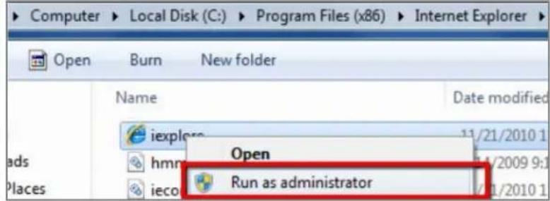 Computer > Local Disk (C:) > Program Files (x86) > Internet Explorer Open Burn New folder Name Date modified iexplor 11/21/2010 1 hmr Open 14/2009 9:1 ieco Run as administrator 1/1/2010 1