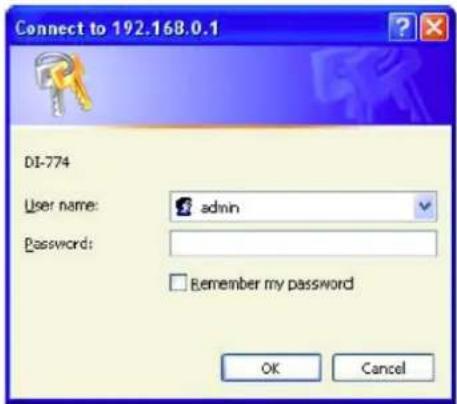 Connect to 192.168.0.1 DI-774 User name: admin Password: Remember my password OK Cancel