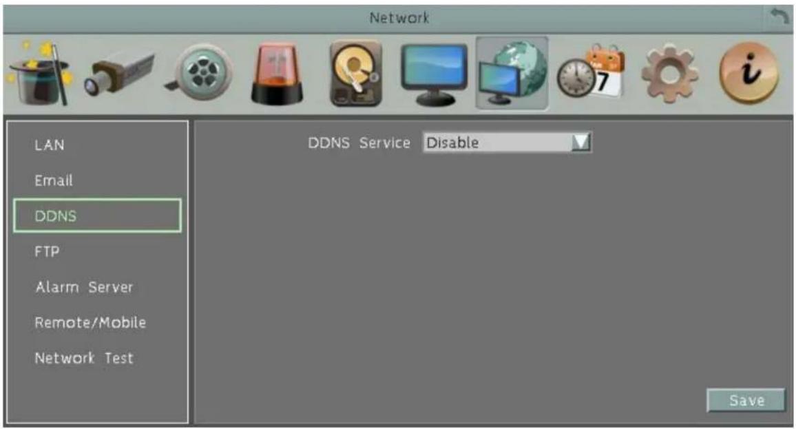 Network LAN Email DDNS FTP Alarm Server Remote/Mobile Network Test DDNS Service Disable Save