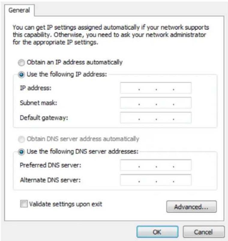 General You can get IP settings assigned automatically if your network supports this capability. Otherwise, you need to ask your network administrator for the appropriate IP settings. Obtain an IP address automatically Use the following IP address: IP address: . . . Subnet mask: . . . Default gateway: . . . Obtain DNS server address automatically Use the following DNS server addresses: Preferred DNS server: . . . Alternate DNS server: . . . Validate settings upon exit Advanced... OK Cancel