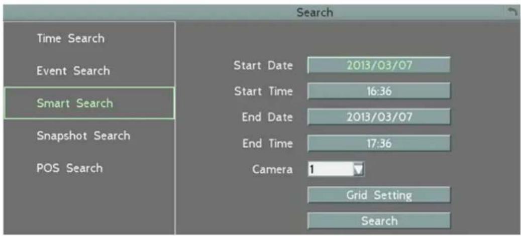 Time Search Event Search Smart Search Snapshot Search POS Search Start Date 2013/03/07 Start Time 16:36 End Date 2013/03/07 End Time 17:36 Camera 1 Grid Setting Search