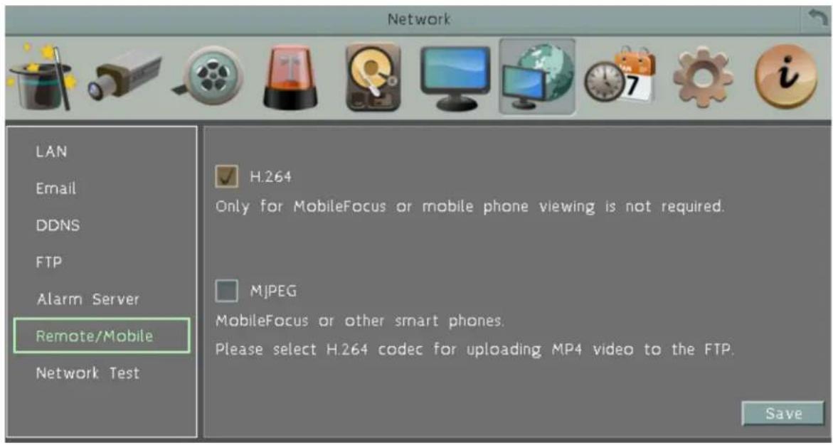 Network LAN Email DDNS FTP Alarm Server Remote/Mobile Network Test H.264 Only for MobileFocus or mobile phone viewing is not required. MJPEG MobileFocus or other smart phones. Please select H.264 codec for uploading MP4 video to the FTP. Save