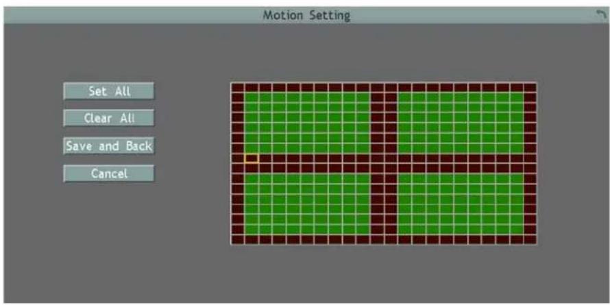 Motion Setting Set All Clear All Save and Back Cancel