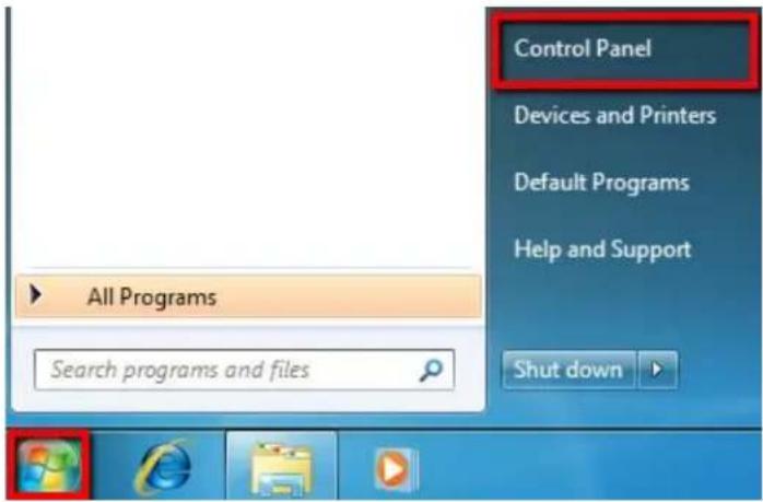 Control Panel Devices and Printers Default Programs Help and Support All Programs Search programs and files Shut down