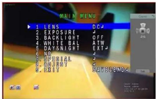 MAIN MENU 1. LENS DC 2. EXPOSURE 3. BACKLIGHT OFF 4. WHITE BAL ATW 5. DAY&NIGHT EXT 6. NB 7. SPECIAL 8. ADJUST 9. EXIT SAVE&END