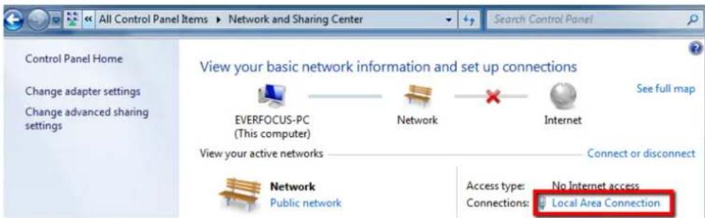 All Control Panel Items ▶ Network and Sharing Center Search Control Panel Control Panel Home Change adapter settings Change advanced sharing settings View your basic network information and set up connections EVERFOCUS-PC (This computer) Network Internet See full map View your active networks Connect or disconnect Network Public network Access type: No Internet access Connections: Local Area Connection