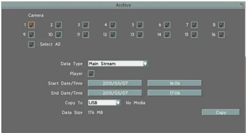 Archive Camera 1 ✓ 2 ✓ 3 ✓ 4 ✓ 5 ✓ 6 ✓ 7 ✓ 8 ✓ 9 ✓ 10 ✓ 11 ✓ 12 ✓ 13 ✓ 14 ✓ 15 ✓ 16 ✓ ✓ Select All Data Type: Main Stream Player Start Date/Time 2013/03/07 16:06 End Date/Time 2013/03/07 17:06 Copy To USB No Media Data Size 176 MB Copy