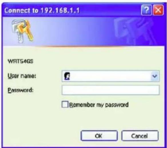 Connect to 192.168.1.1 WRT54GS User name: Password: Remember my password OK Cancel