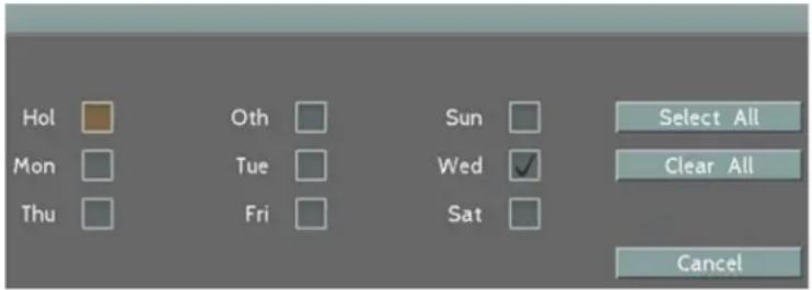 Hol Mon Thu Oth Tue Fri Sun Wed Sat Select All Clear All Cancel