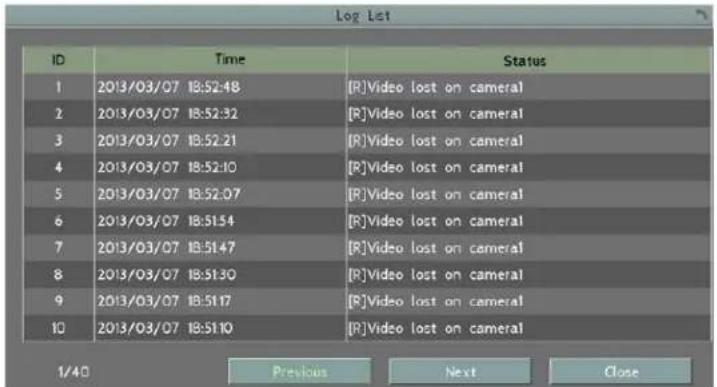 Log List ID Time Status 1 2013/03/07 18:52:48 [R]Video lost on cameral 2 2013/03/07 18:52:32 [R]Video lost on cameral 3 2013/03/07 18:52:21 [R]Video lost on cameral 4 2013/03/07 18:52:10 [R]Video lost on cameral 5 2013/03/07 18:52:07 [R]Video lost on cameral 6 2013/03/07 18:51:54 [R]Video lost on cameral 7 2013/03/07 18:51:47 [R]Video lost on cameral 8 2013/03/07 18:51:30 [R]Video lost on cameral 9 2013/03/07 18:51:17 [R]Video lost on cameral 10 2013/03/07 18:51:10 [R]Video lost on cameral 1/40 Previous Next Close
