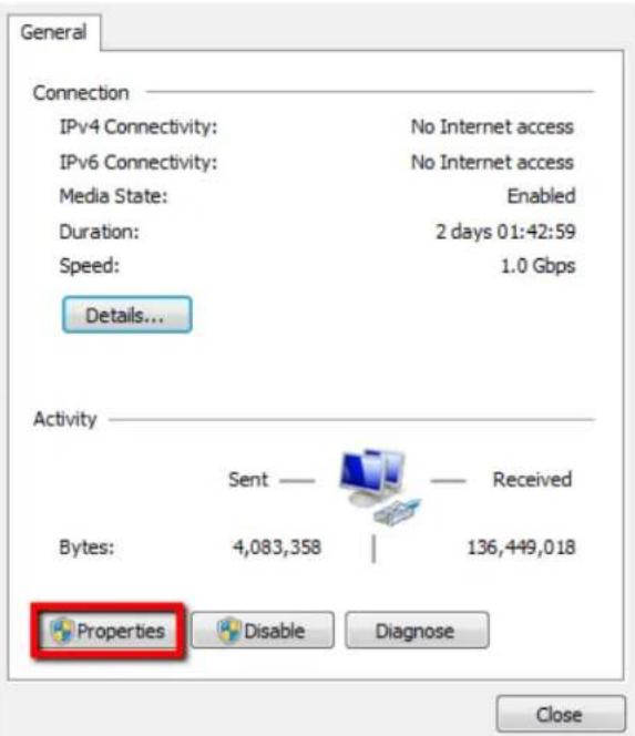 General Connection IPv4 Connectivity: No Internet access IPv6 Connectivity: No Internet access Media State: Enabled Duration: 2 days 01:42:59 Speed: 1.0 Gbps Details... Activity Sent — Received Bytes: 4,083,358 | 136,449,018 Properties Disable Diagnose Close