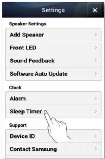 Settings Speaker Settings Add Speaker > Front LED > Sound Feedback > Software Auto Update > Clock Alarm > Sleep Timer > Support Device ID > Contact Samsung >