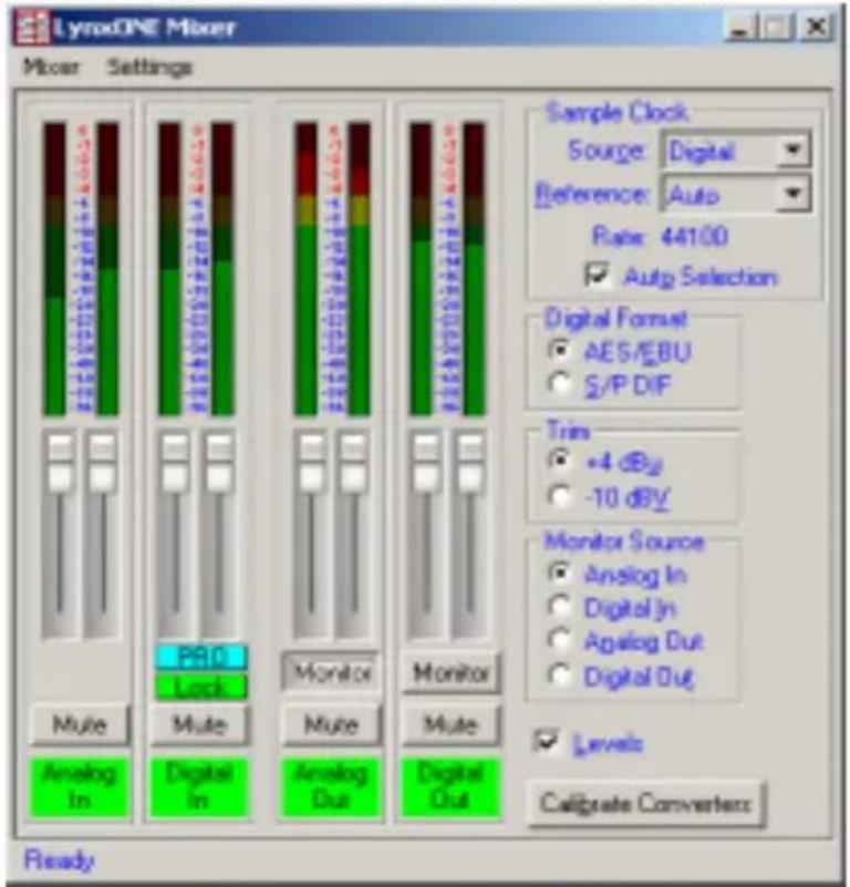 LyvoxONE Mixer Mixer Settings Sample Clock Source: Digital Reference: Auto Rate: 44100 Autg Selection Digital Format AES/EBU S/P DIF Triis +4 dBz -10 dBV Monitor Source Analog In Digital In Analog Out Digital Out Levels Calculate Converter Ready