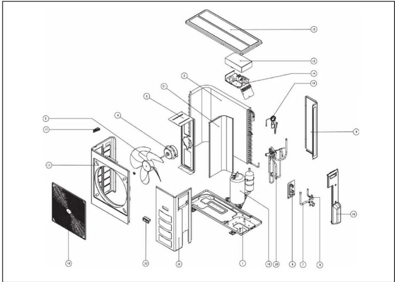 Exploded view diagram of an air conditioner system with numbered components for identification