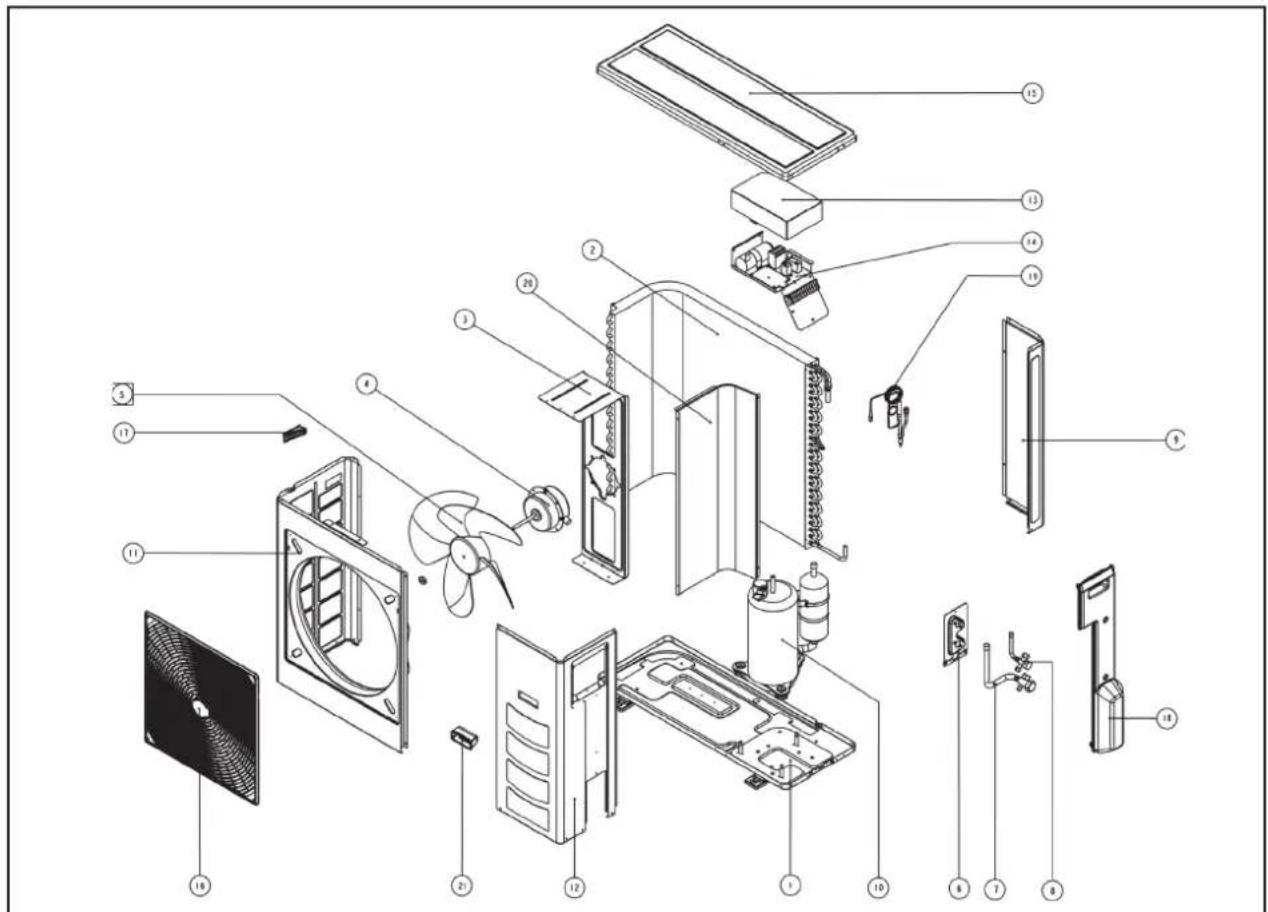Exploded view diagram of an air conditioner system with numbered components for identification