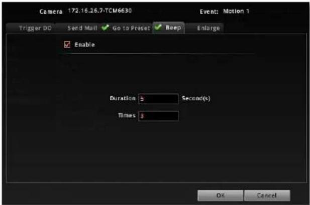 Camera 172.16.26.7-TCM6630 Event: Motion 1 Trigger DO Send Mail Go to Preset Keep Enlarge Enable Duration 5 Second(s) Times 3 OK Cancel
