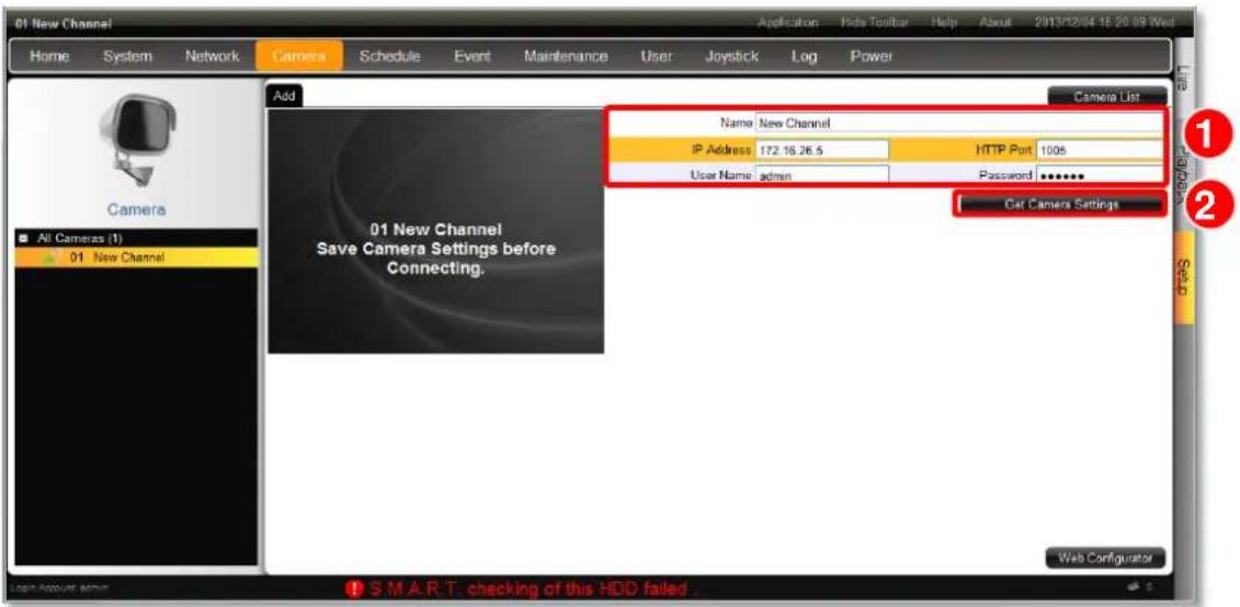 01 New Channel Home System Network Camera Schedule Event Maintenance User Joystick Log Power Add Camera List Name: New Channel IP Address 172.16.26.5 HTTP Port 1005 User Name admin Password ****** Car Camera Settings All Cameras (1) 01 New Channel Web Configurator S M A R T: checking of this HDD failed ...
