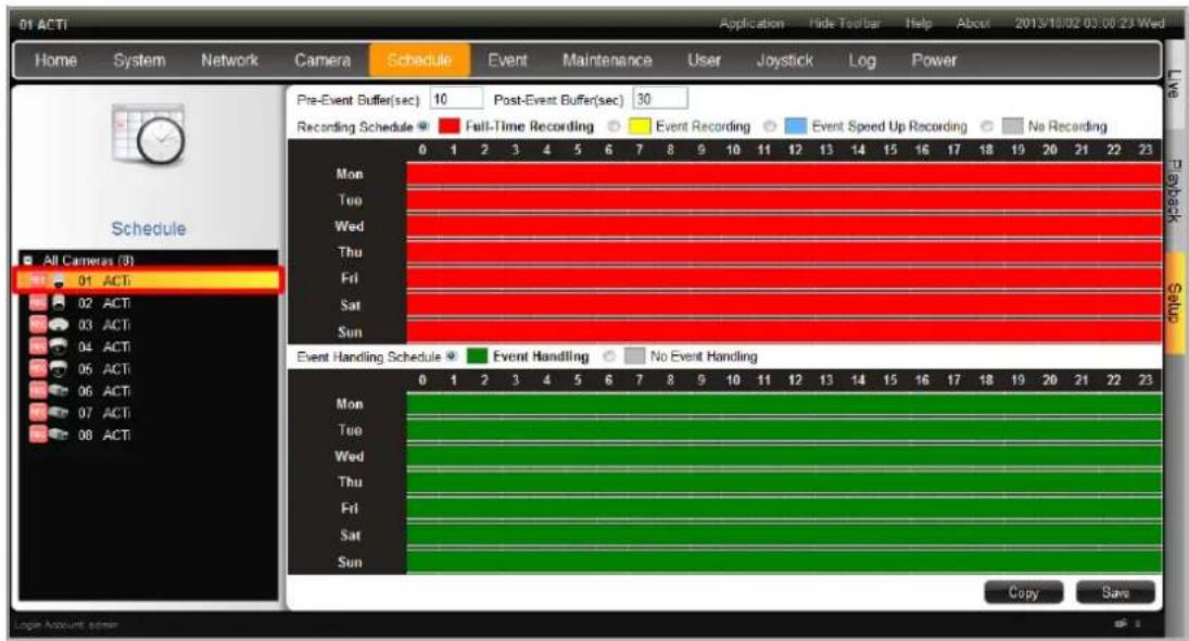 01 ACTI Home System Network Camera Schedule Event Maintenance User Joystick\Log Power Pre-Event Buffer(sec) 10 Post-Event Buffer(sec) 30 Recording Schedule Full-Time Recording Event Recording Event Speed Up Recording No Recording Mon Tue Wed Thu Fri Sat Sun All Cameras (B) 01 ACTI 02 ACTI 03 ACTI 04 ACTI 05 ACTI 06 ACTI 07 ACTI 08 ACTI Event Handling Schedule Event Handling No Event Handling Mon Tue Wed Thu Fri Sat Sun Copy Save